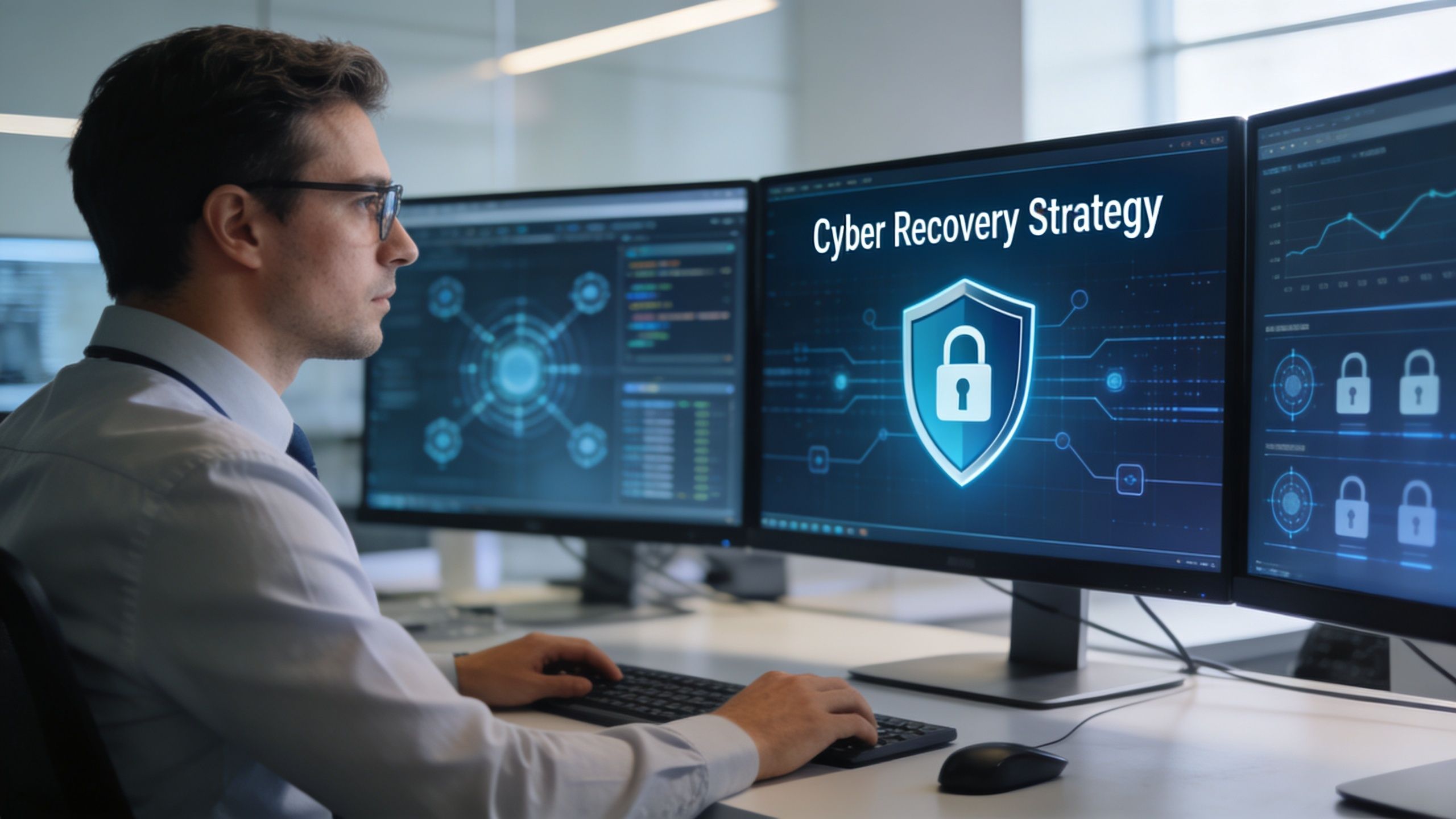 A professional IT specialist working on a computer displaying cyber recovery strategy and security data metrics.