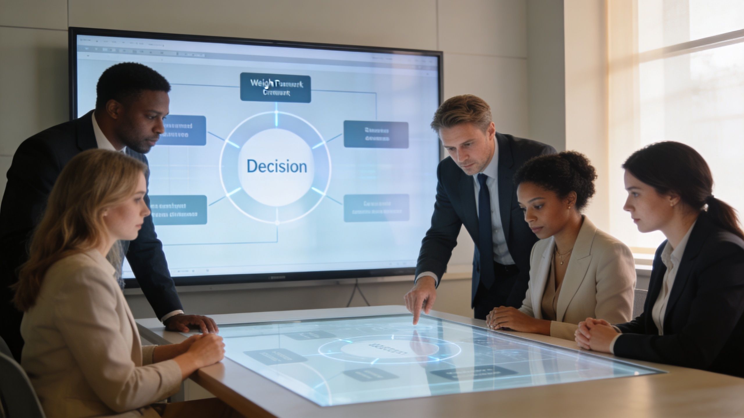 A diverse team of professionals collaborating around an interactive digital table during a business strategy meeting.