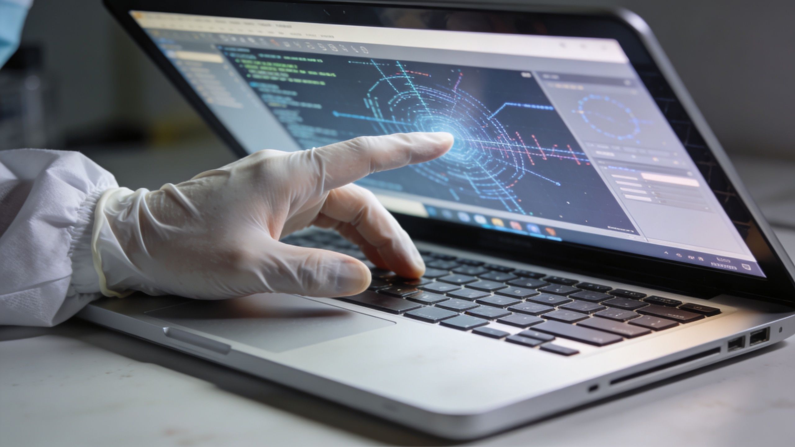 A person wearing a white lab coat and gloves touches a laptop screen showing complex data visualization graphics.