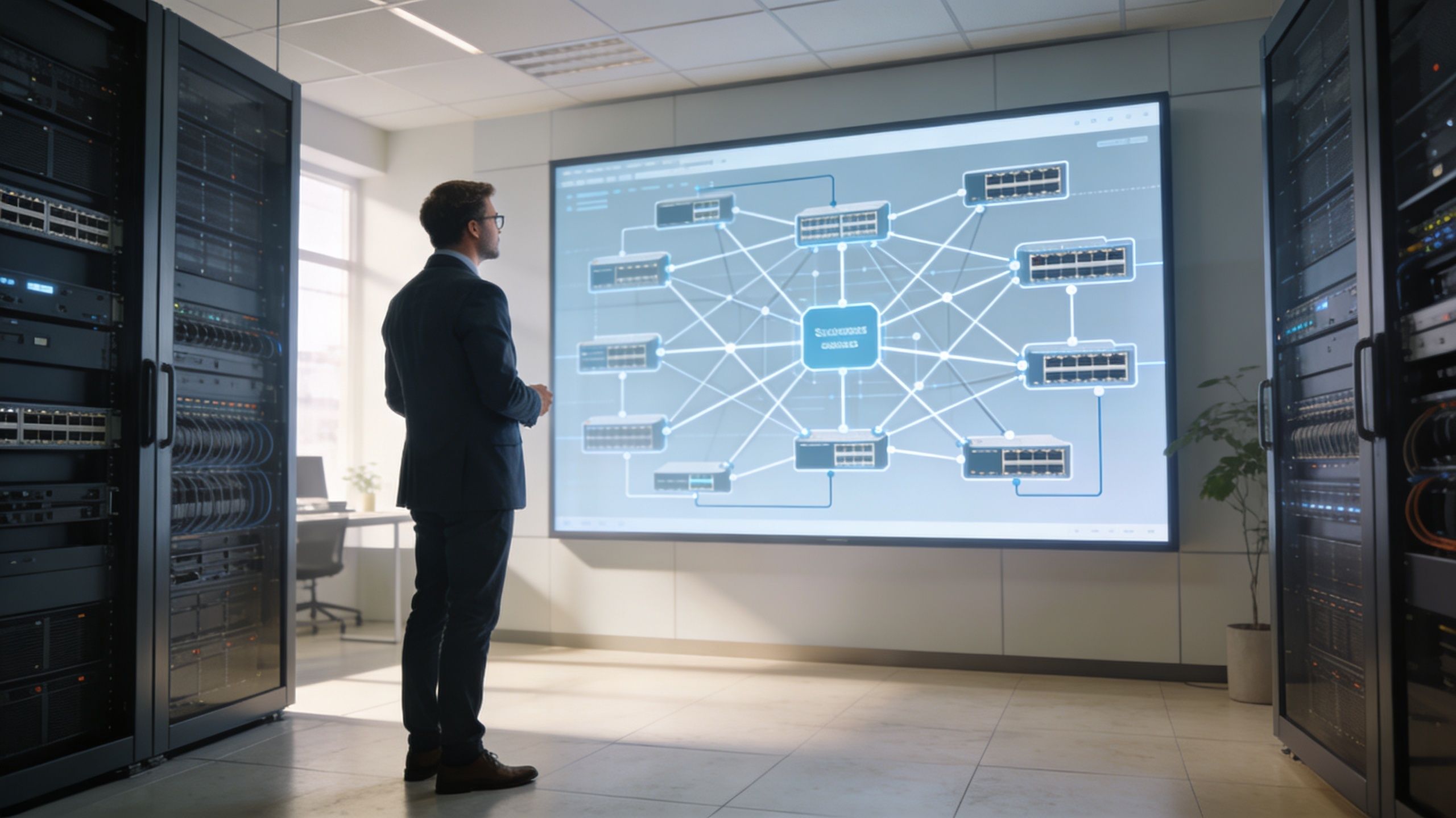 A professional IT specialist examines a digital network topology map on a large wall display in a server room.