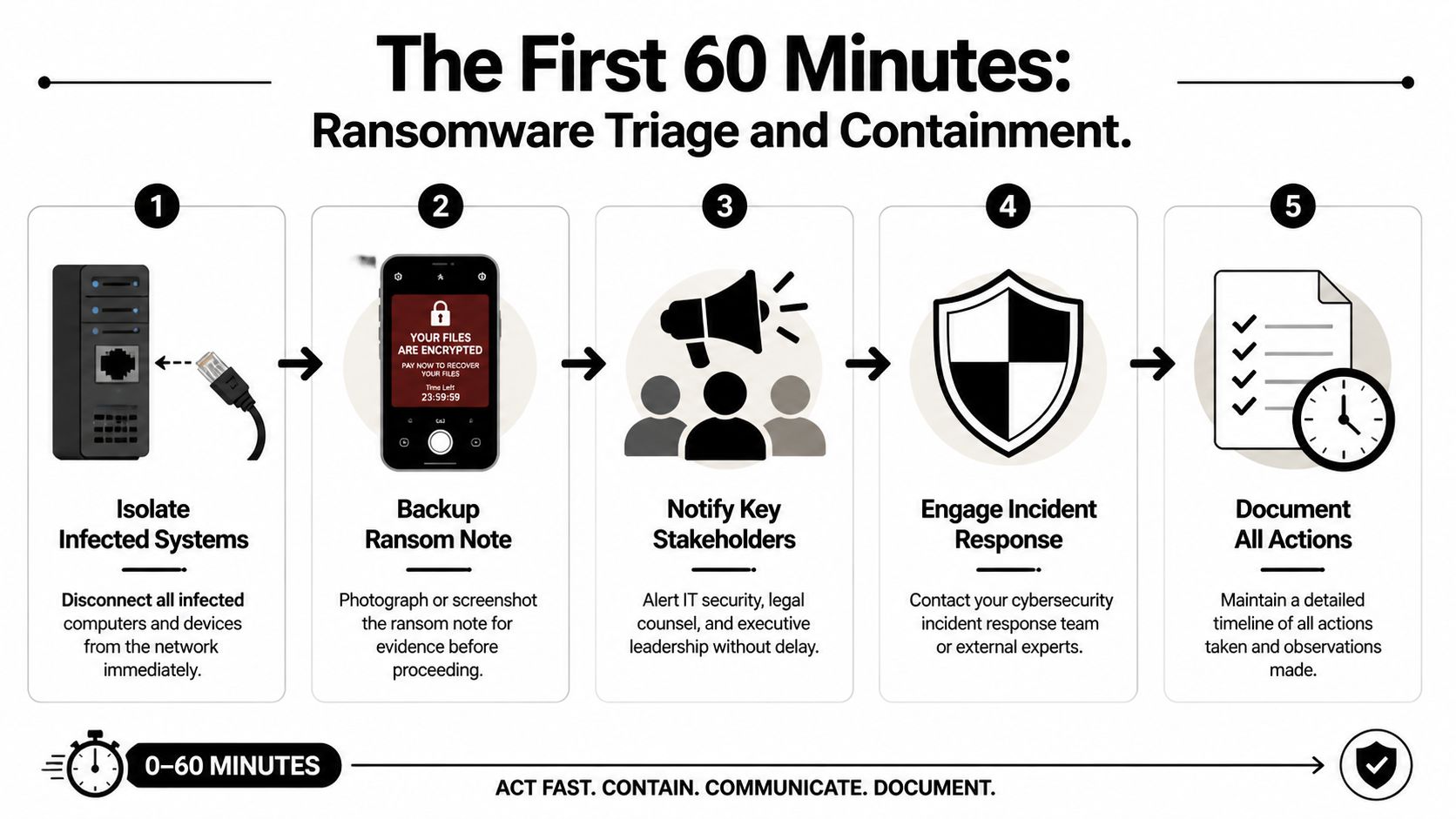 An infographic detailing five crucial steps to take within the first 60 minutes of a ransomware attack.