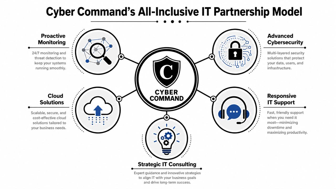 A diagram illustrating Cyber Command's comprehensive IT partnership model featuring services like cybersecurity, cloud solutions, and consulting.