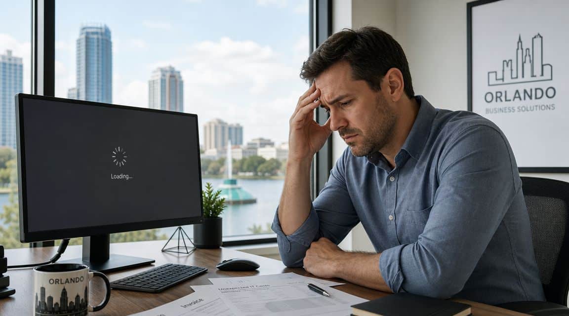 A stressed businessman sitting at his desk in an Orlando office, staring at a loading computer screen.