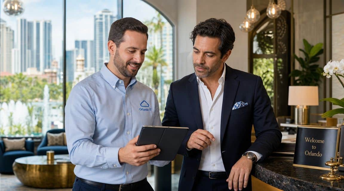 A professional IT specialist discussing digital solutions on a tablet with a client in a modern lobby.