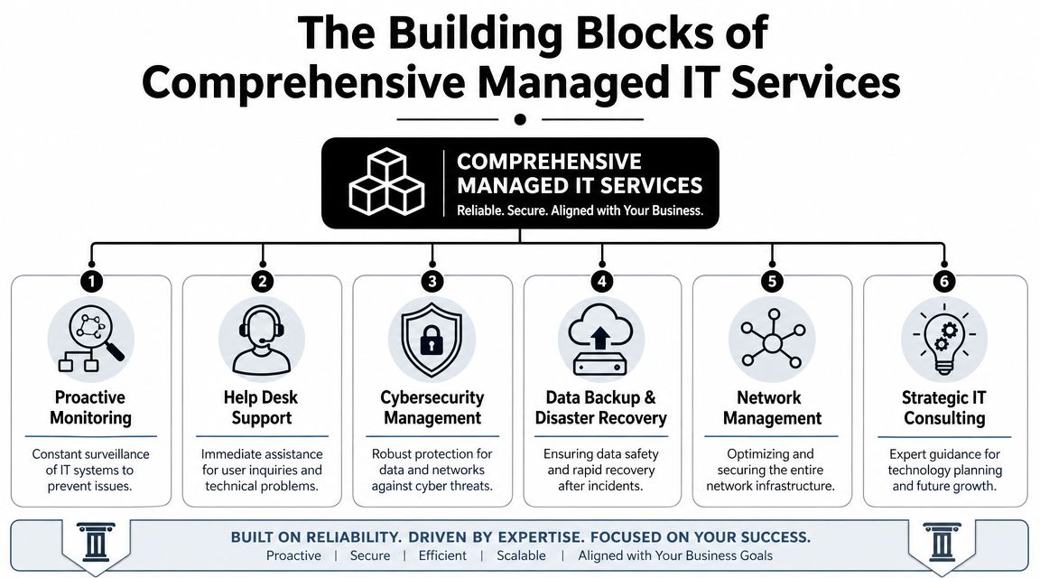 A diagram illustrating the six key building blocks of comprehensive managed IT services for businesses.
