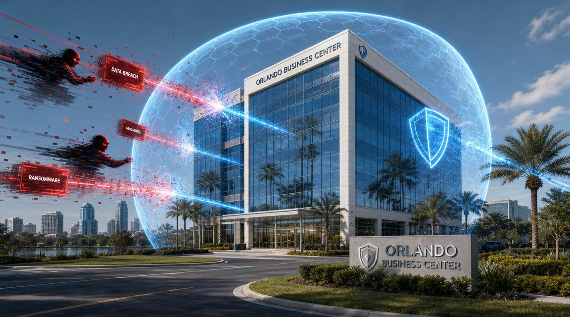 A digital shield protecting an Orlando business building from cyber threats like malware and ransomware attacks.