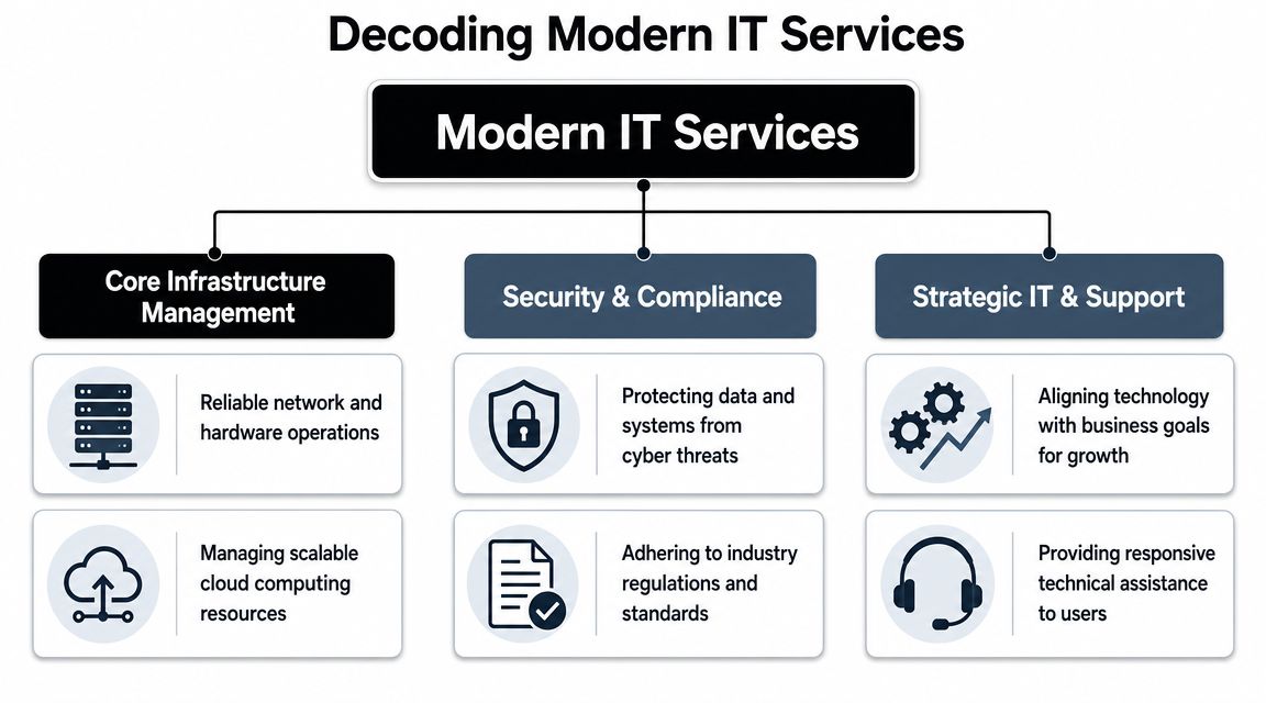 An organizational chart showing the structure of modern IT services, including infrastructure, security, and strategic support.