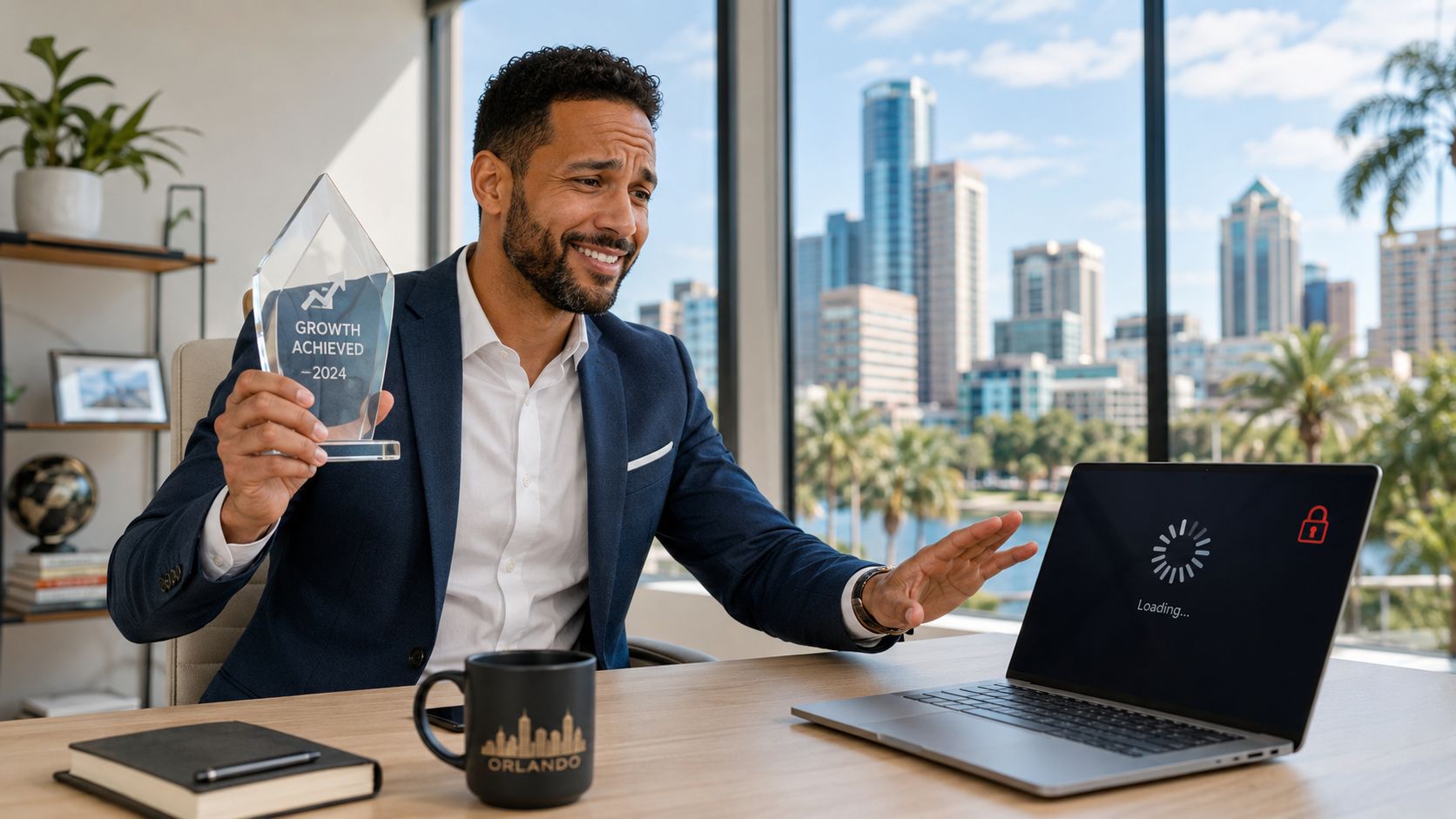 A professional man holding an award in an office while his laptop shows a loading screen.