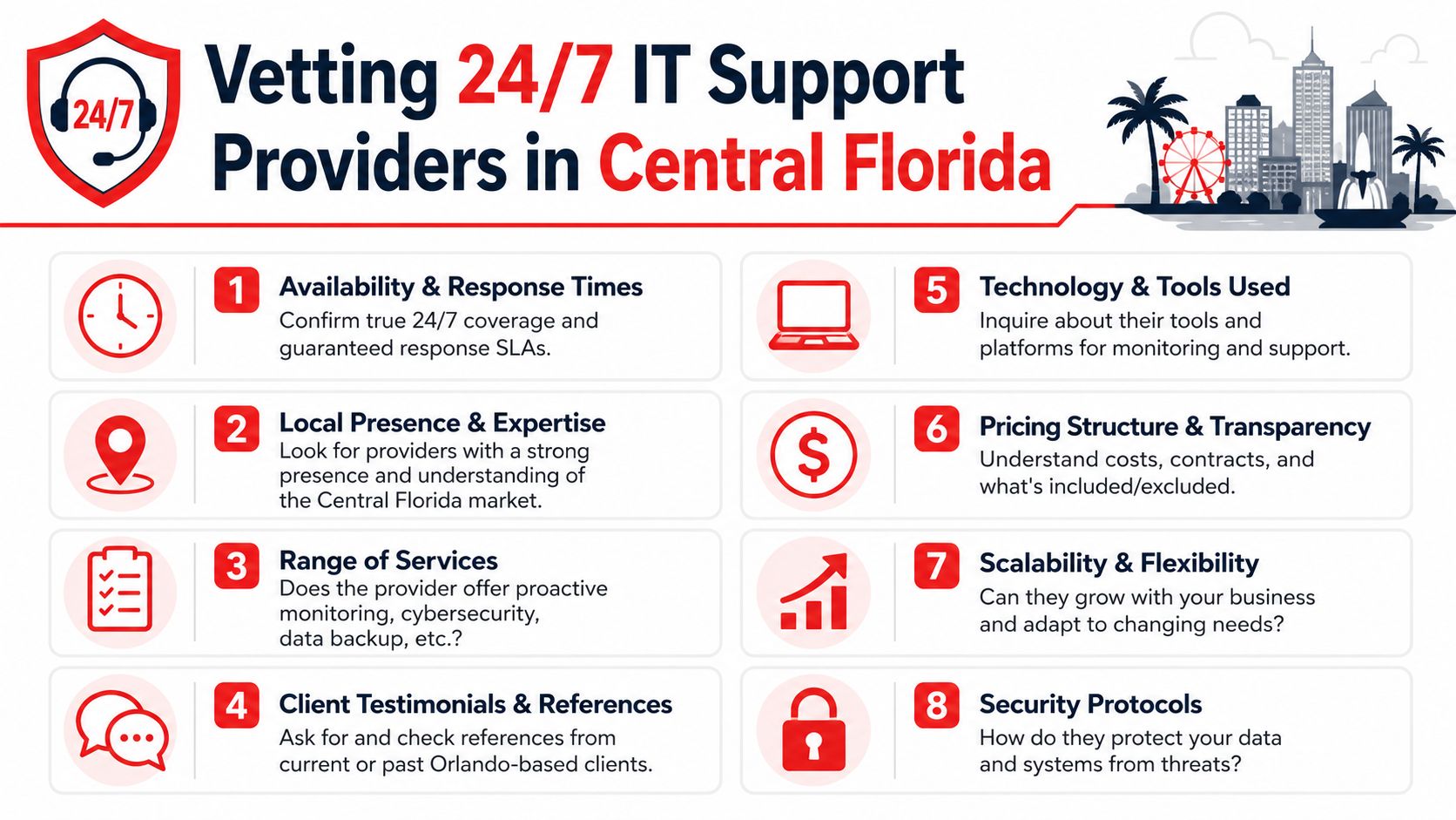 An infographic titled Vetting 24/7 IT Support Providers in Central Florida with eight numbered key evaluation criteria.
