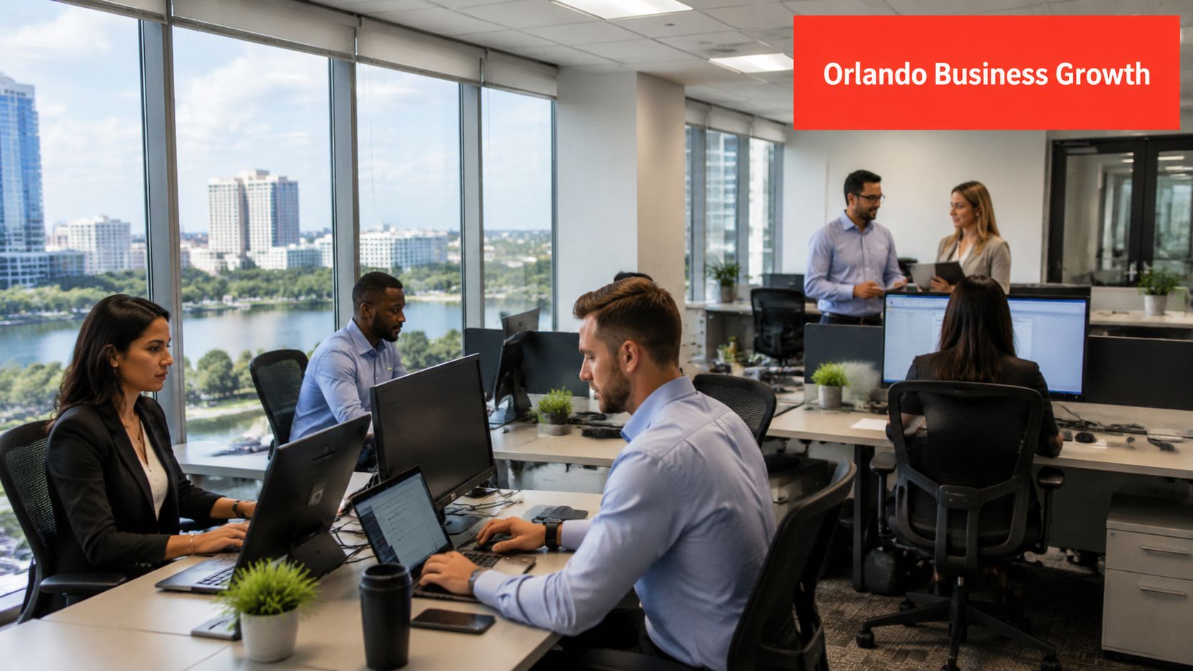 A professional team working in a modern office with a view of the Orlando city skyline.