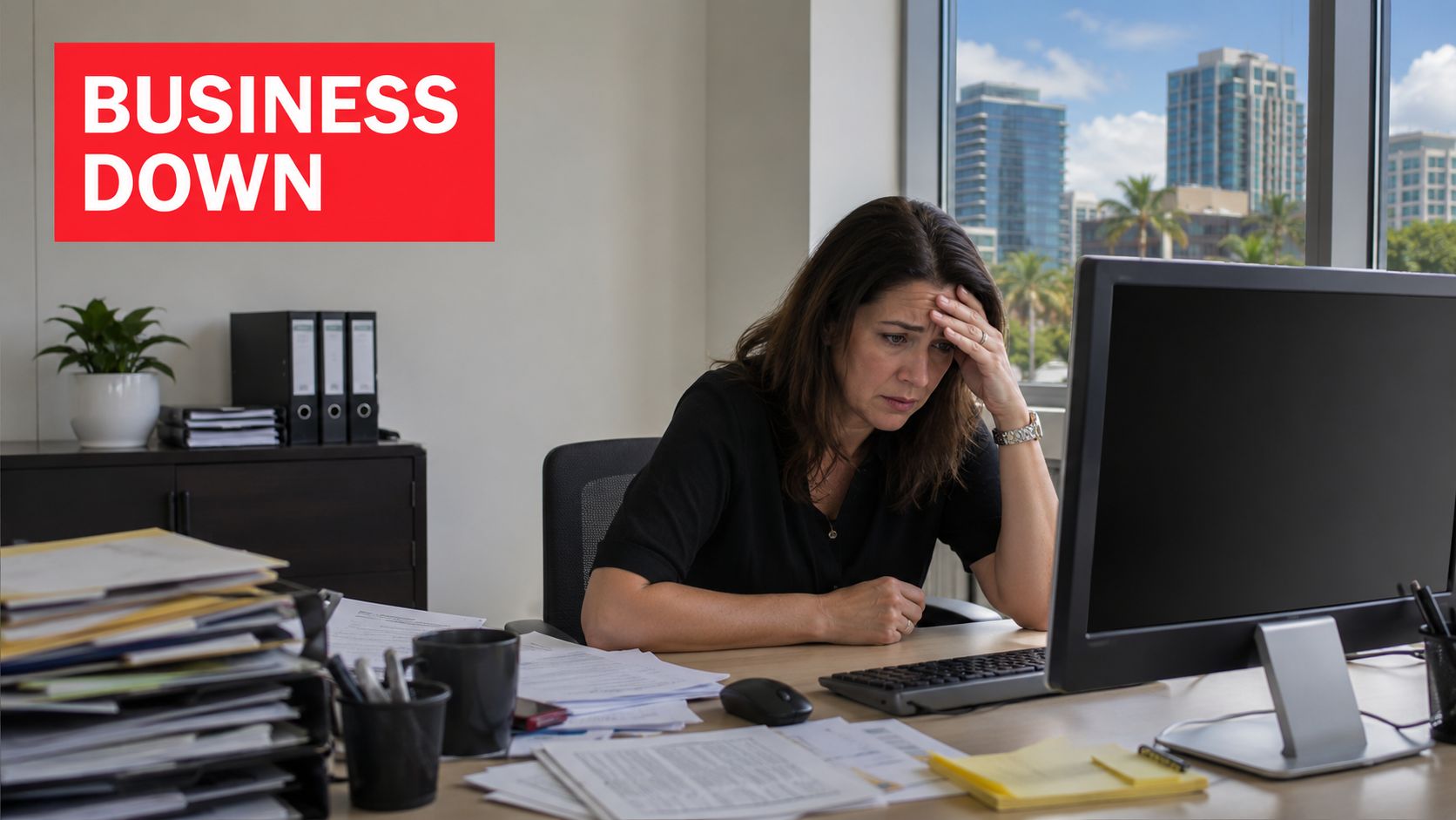 A stressed woman sits at her desk, staring intently at a computer screen in a messy office.