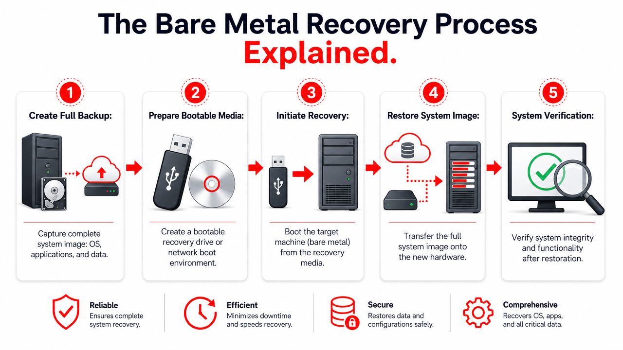 A five-step infographic explaining the bare metal recovery process for computer systems from backup to verification.