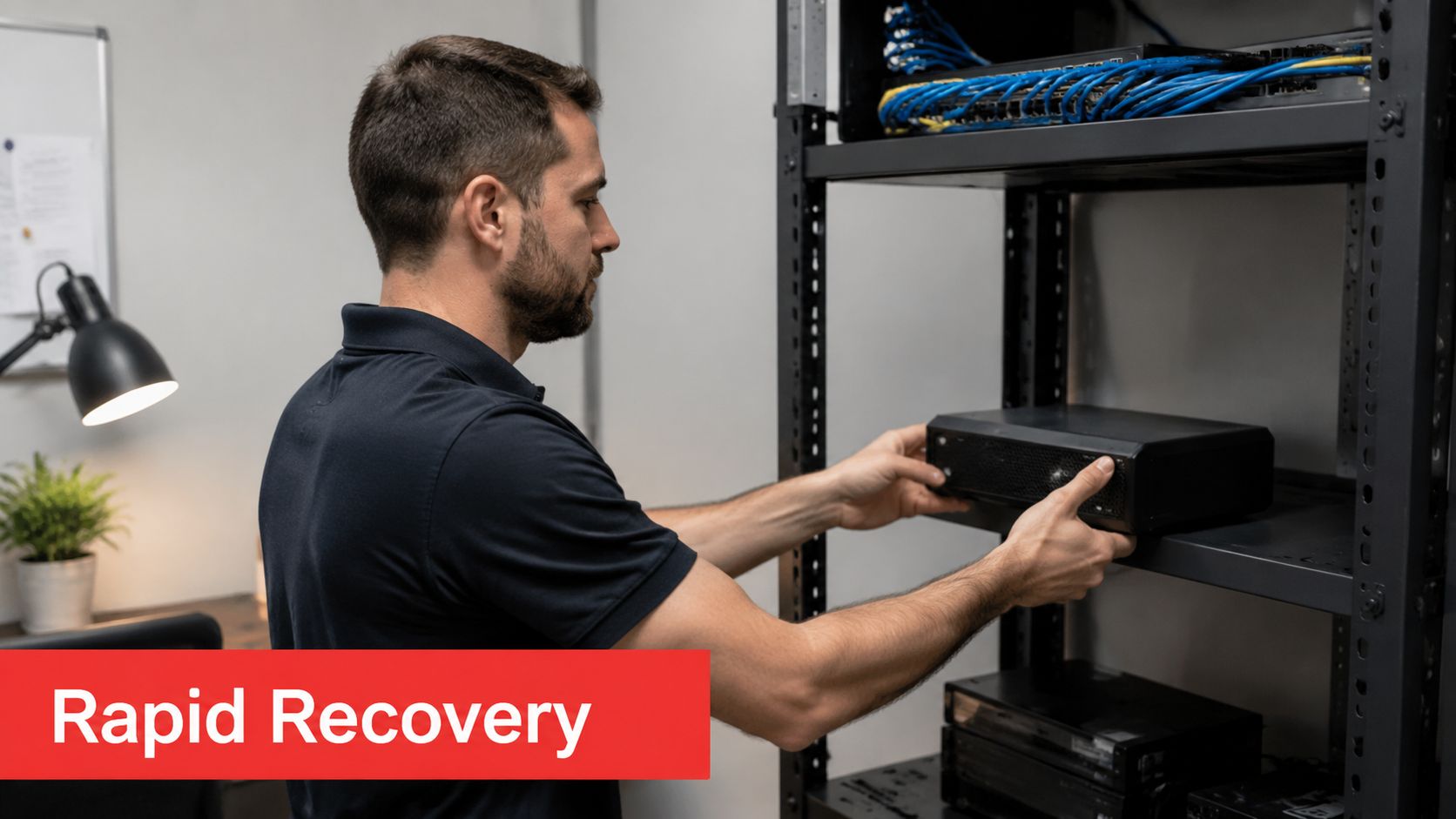 An IT technician installing hardware equipment into a server rack for business data infrastructure maintenance.