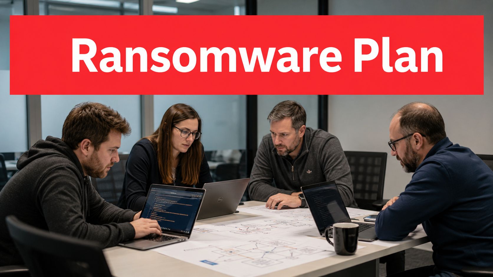 A professional team of four collaborating on cybersecurity strategies around a table with laptops and documents.