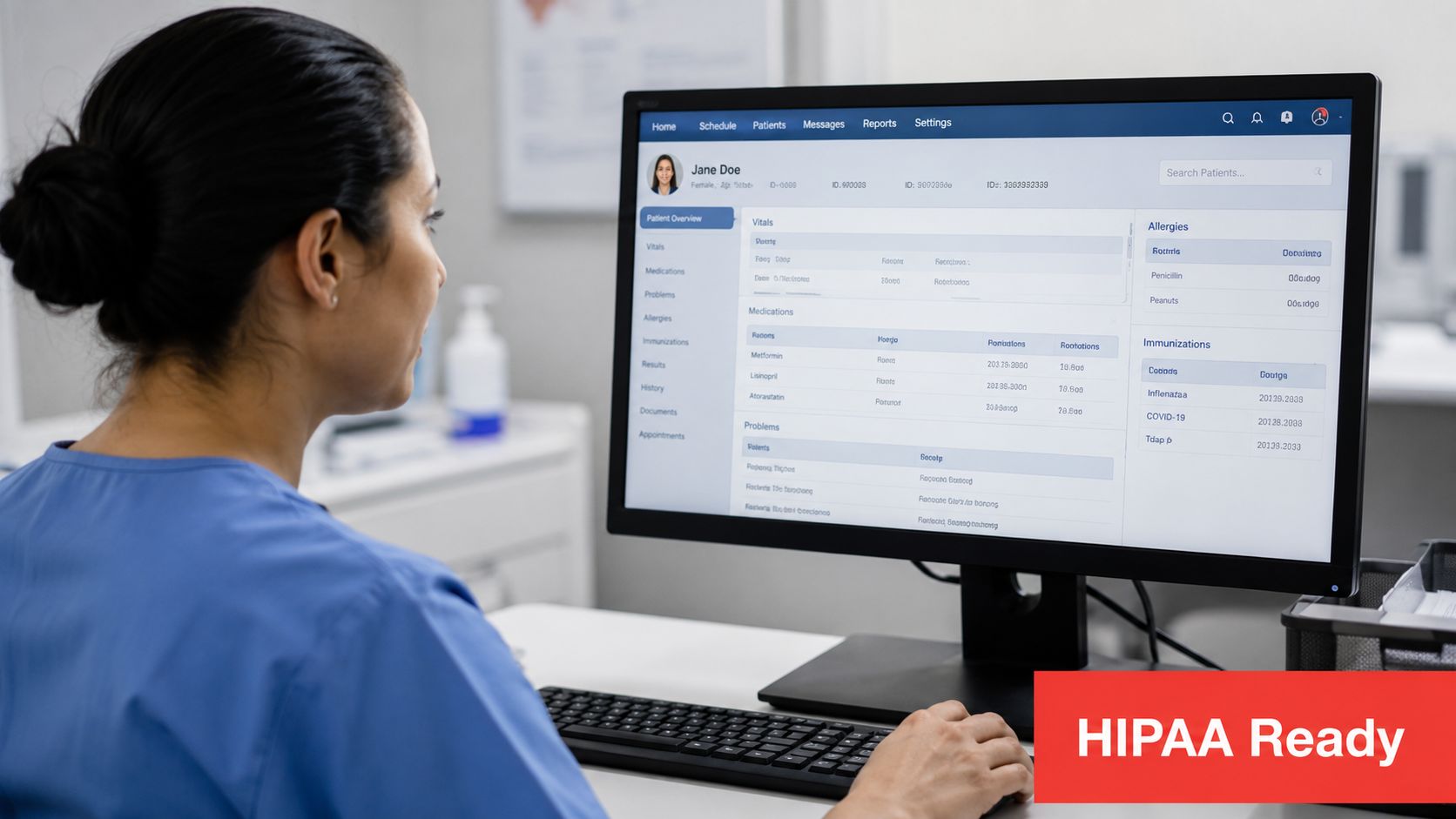 A medical professional reviews a patient's digital health records on a computer monitor in a clinic setting.