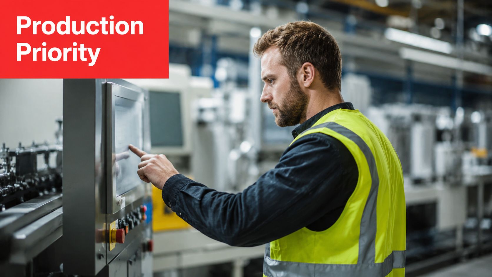 A professional manufacturing worker wearing a high-visibility vest operates a control panel on an industrial factory floor.