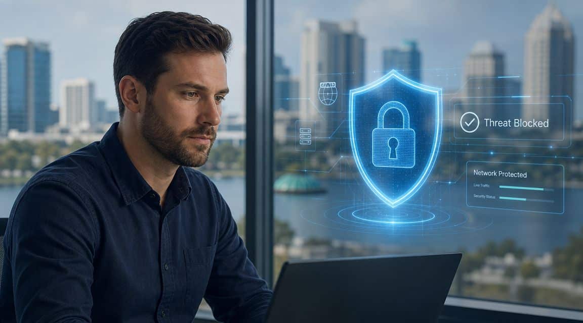 A professional man working on a laptop with a digital security shield overlay indicating a blocked threat.