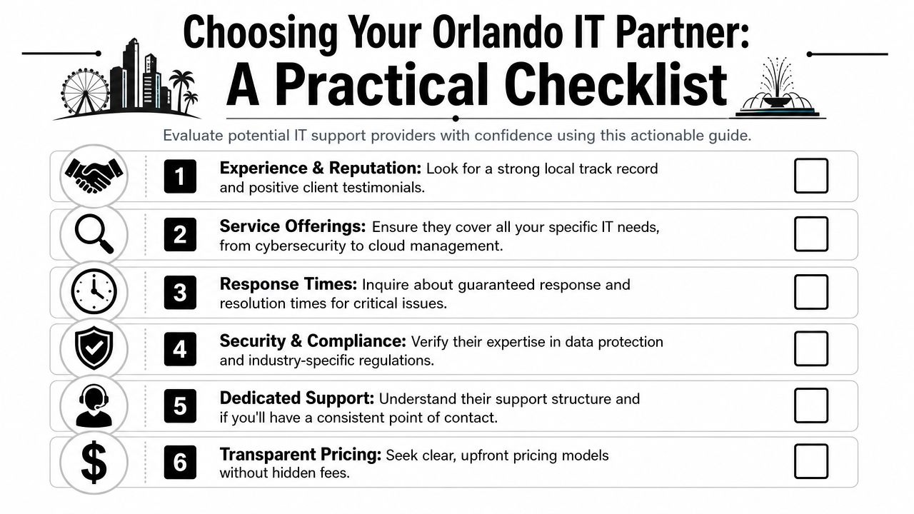 A checklist infographic titled Choosing Your Orlando IT Partner outlining six key factors for evaluating IT providers.