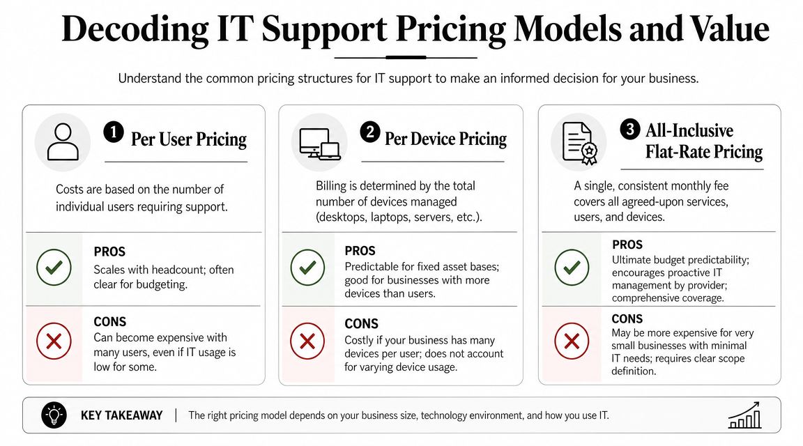 An infographic detailing common IT support pricing models including per user, per device, and flat-rate pricing.