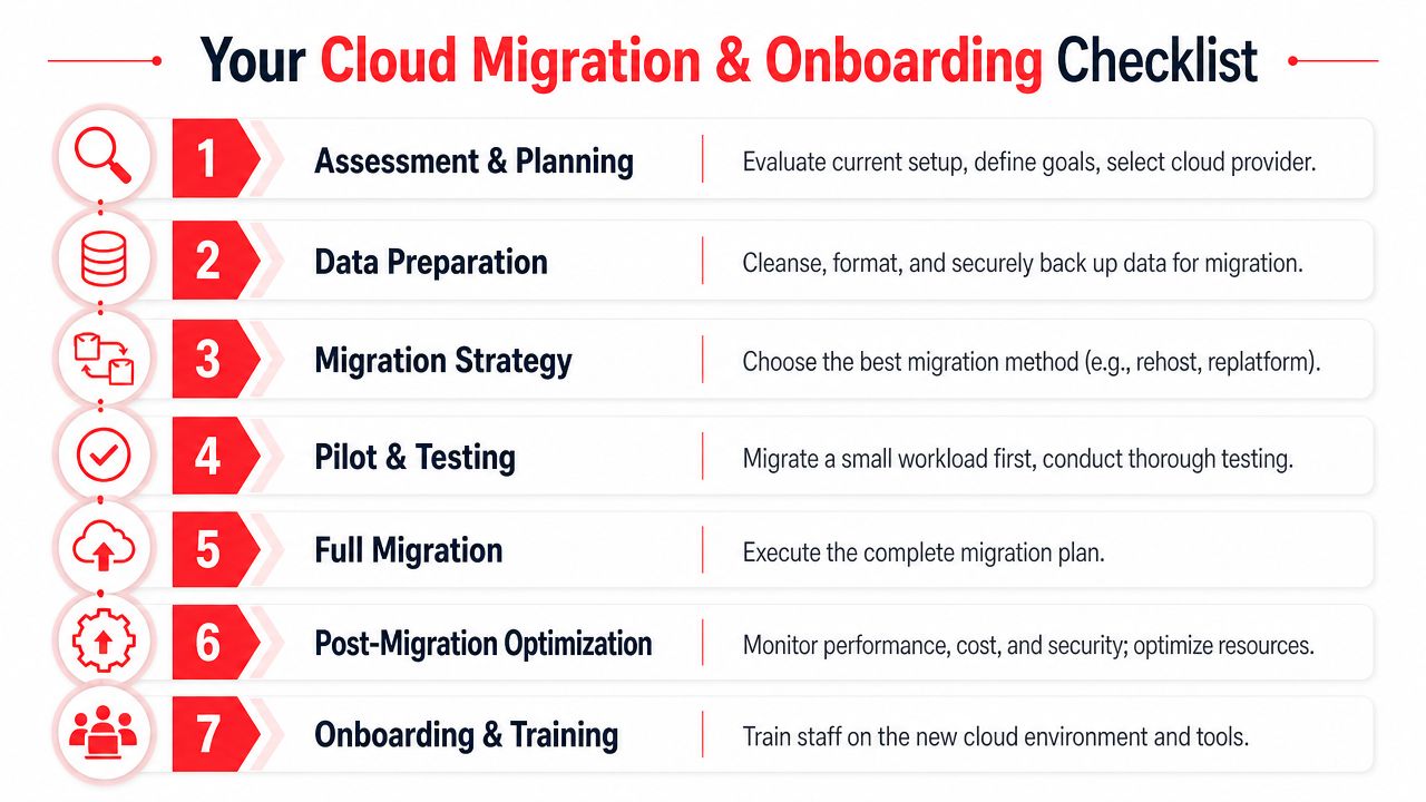 A checklist infographic detailing seven steps for successful cloud migration and onboarding for businesses.