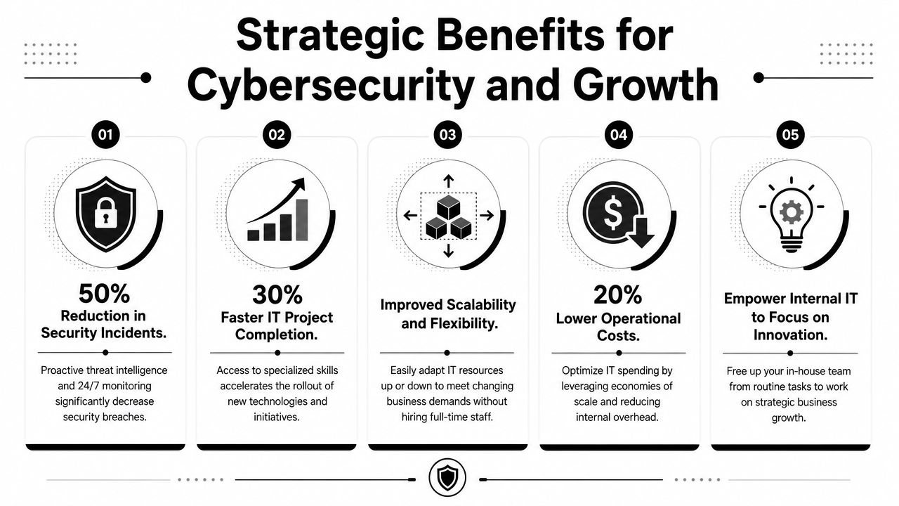 A strategic infographic highlighting five key benefits of cybersecurity and growth for business operations.