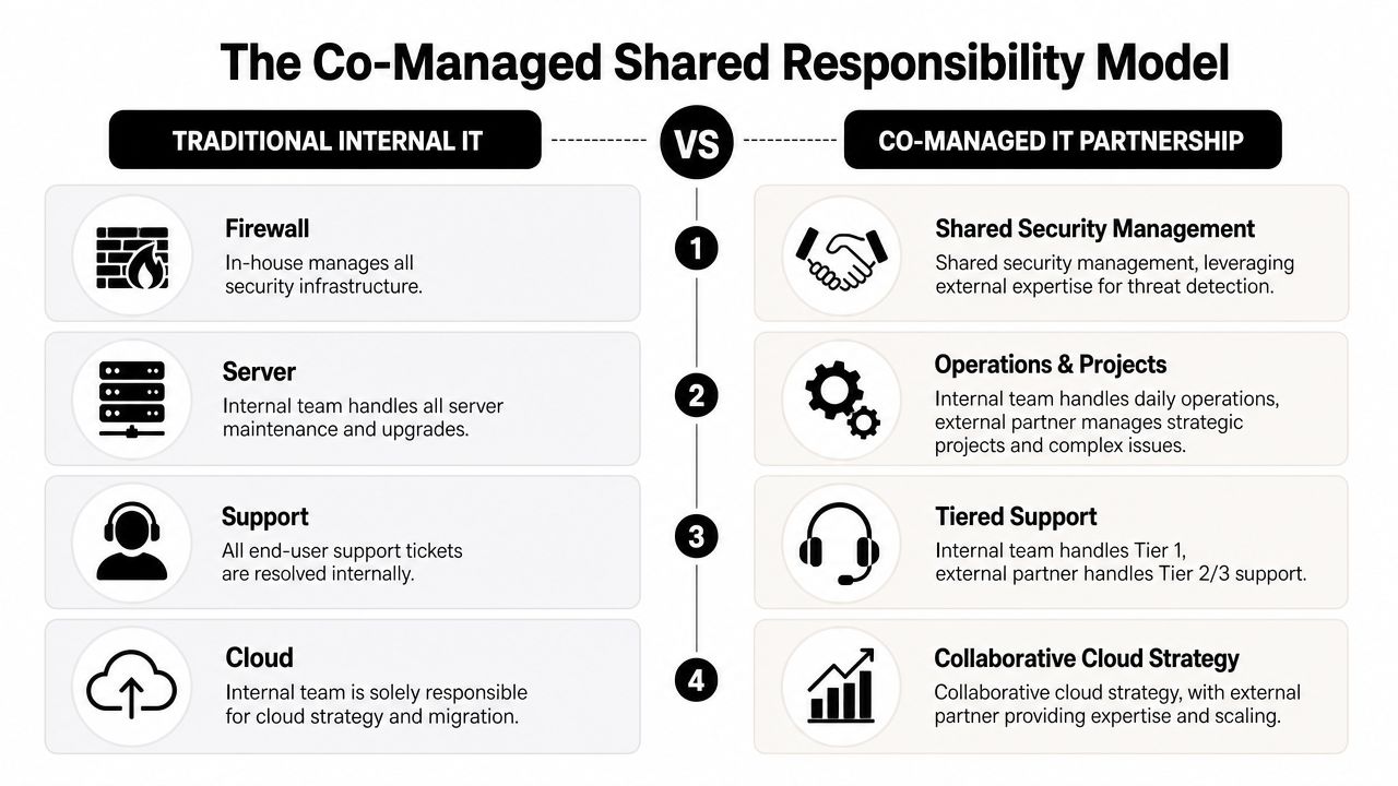 A comparison chart showing traditional internal IT versus a co-managed IT partnership responsibility model.