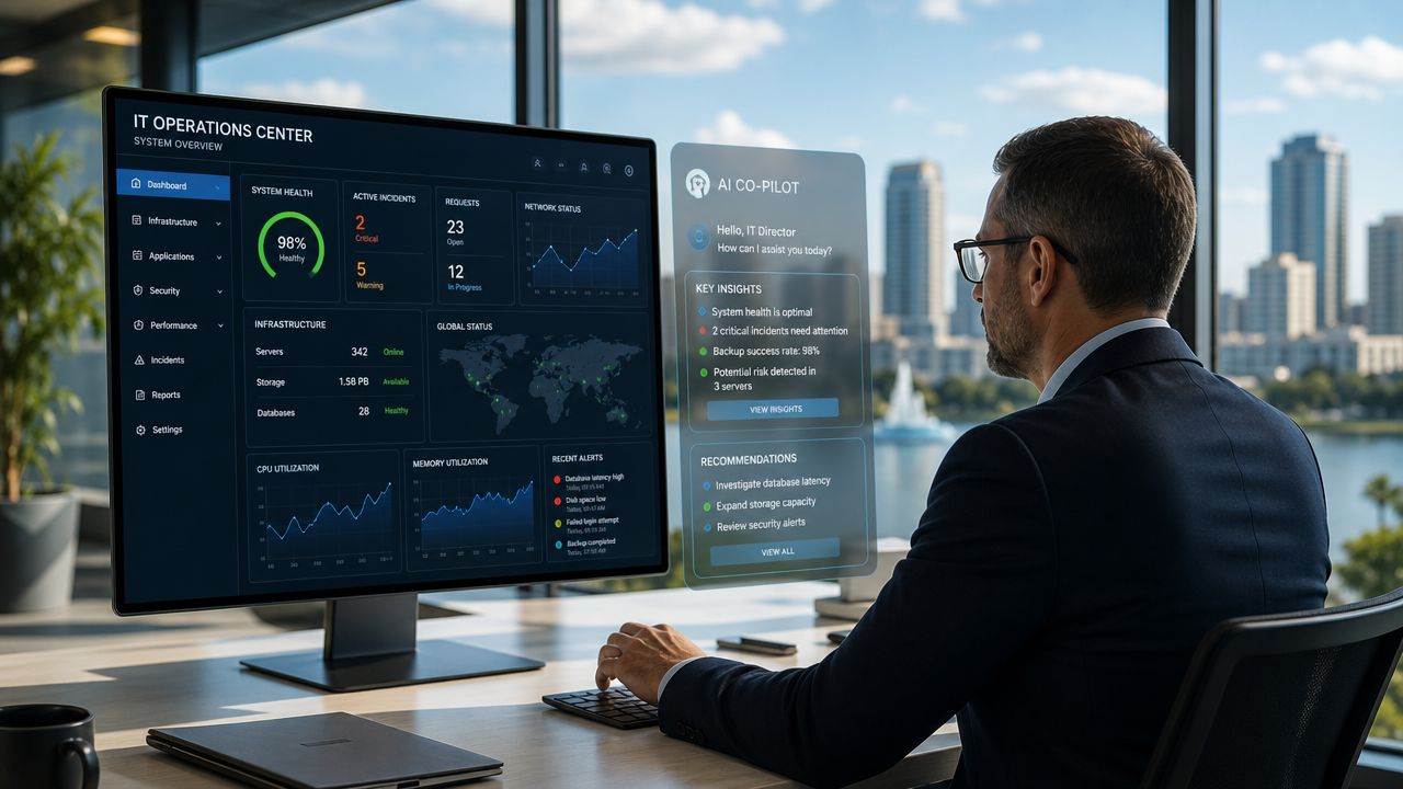 An IT professional reviewing system performance metrics and AI-driven insights on a large monitor in an office.