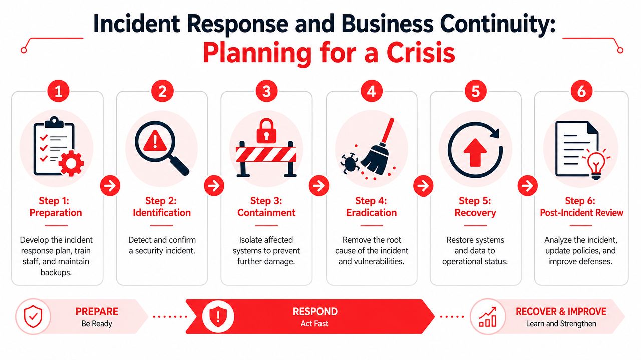 A six-step infographic illustrating the incident response and business continuity planning process for cybersecurity crisis management.