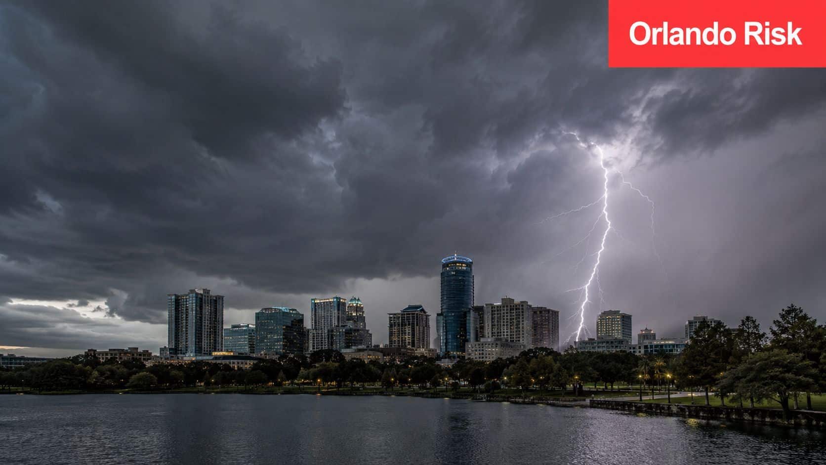 A dramatic lightning strike illuminates the dark, stormy sky over the Orlando city skyline and lake.
