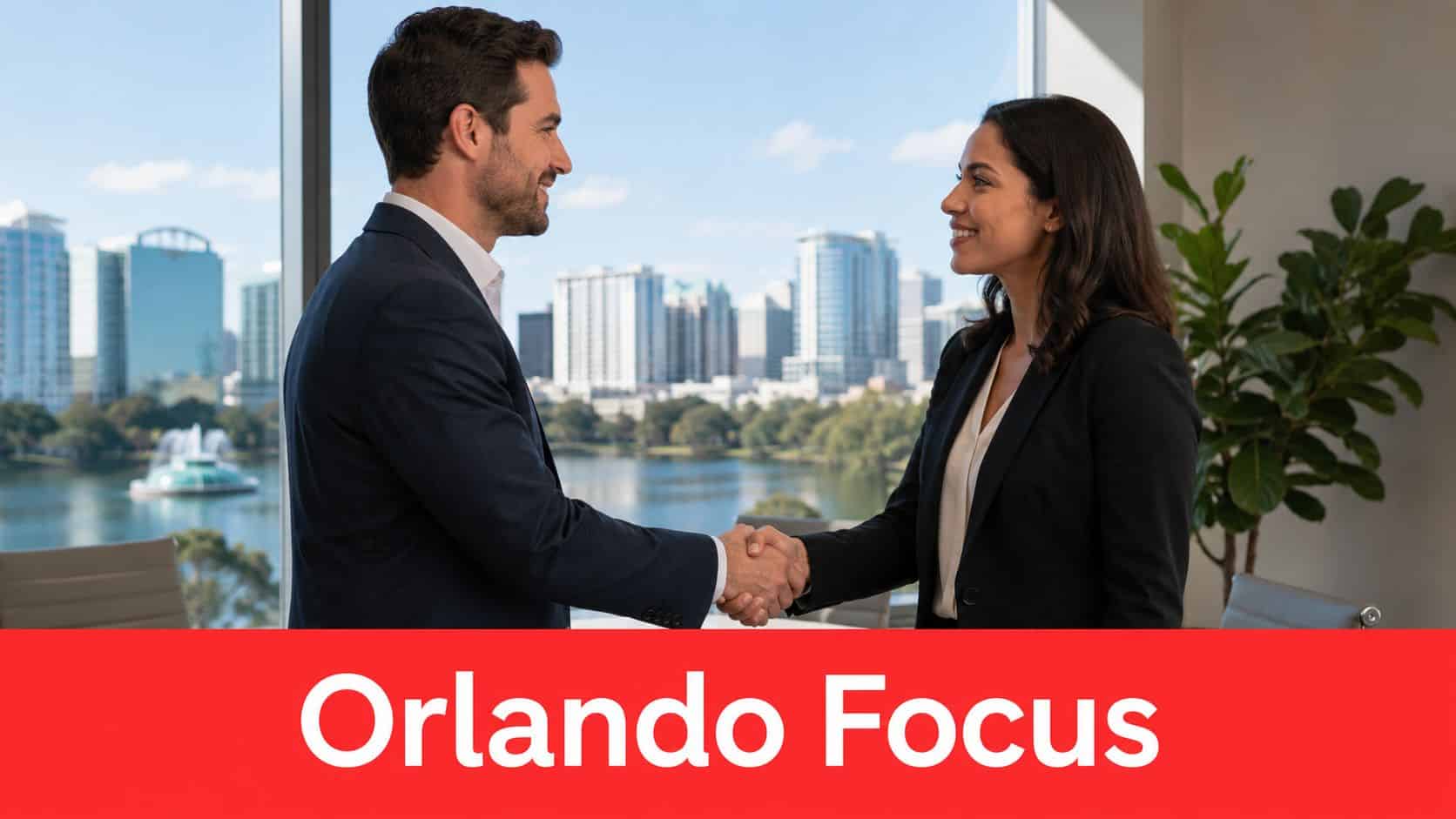 A professional man and woman shaking hands in a high-rise office overlooking the Orlando city skyline.