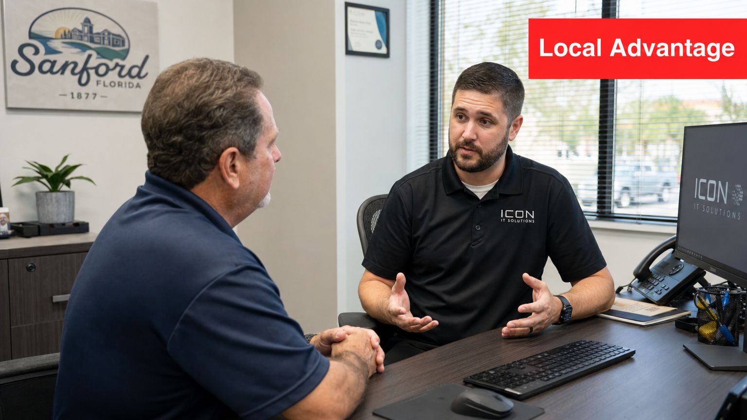 An IT professional consults with a client in a modern office, emphasizing local IT support services.