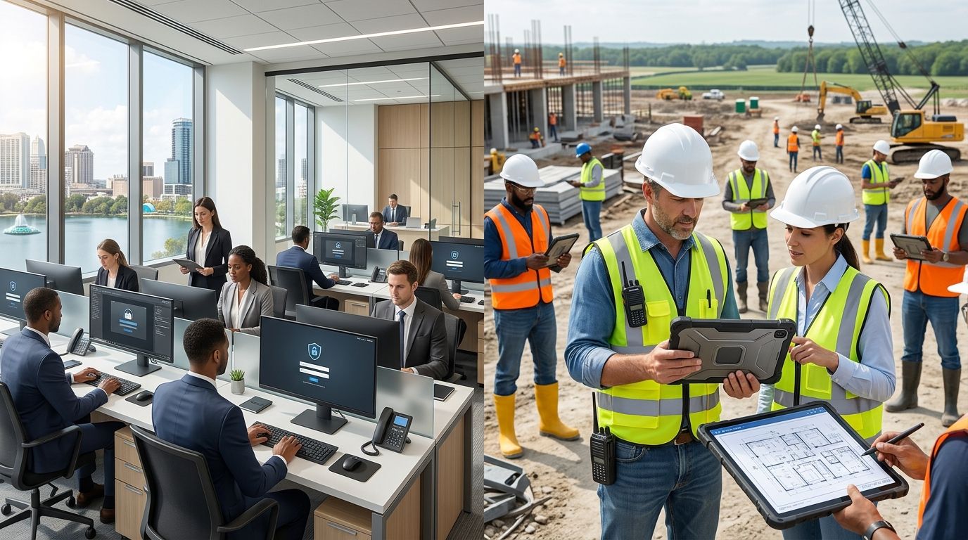 A split image showing corporate IT professionals working in a modern office and construction managers at a site.