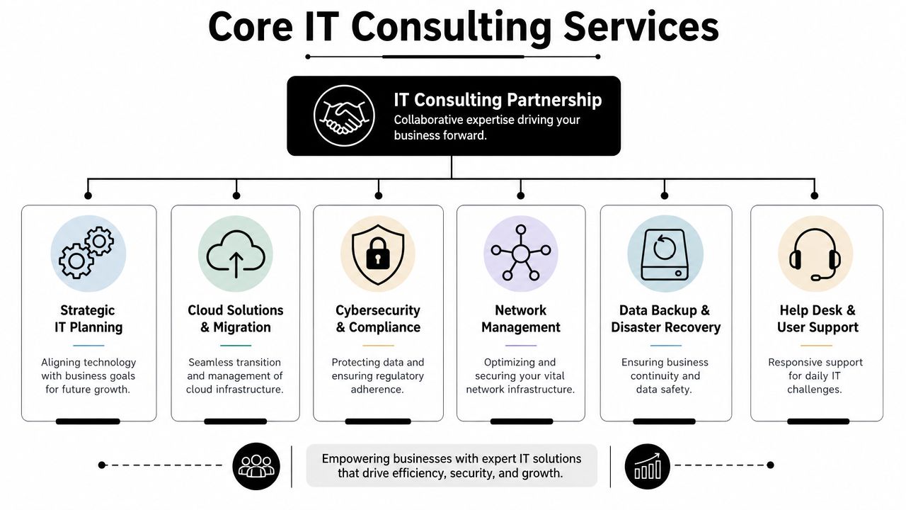 A diagram outlining core IT consulting services including strategic planning, cloud solutions, cybersecurity, and network management.