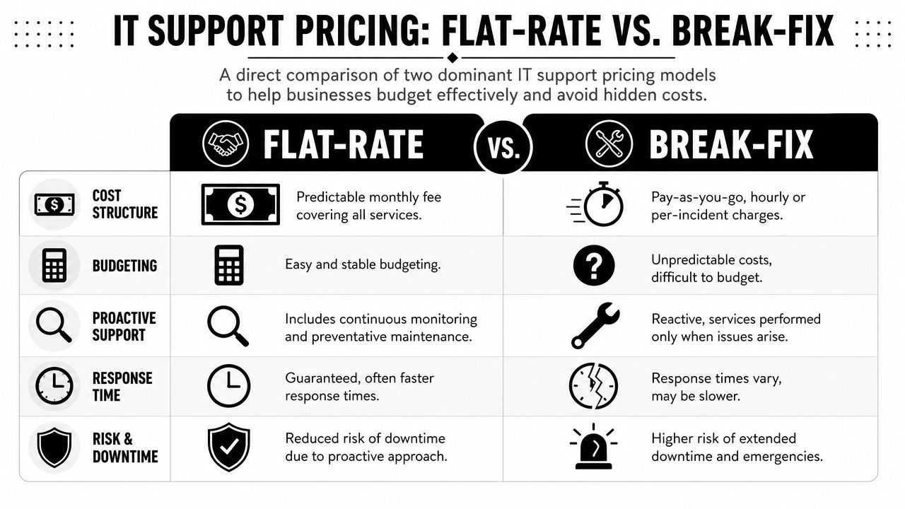 A comparison chart showing the differences between flat-rate and break-fix IT support pricing models for businesses.