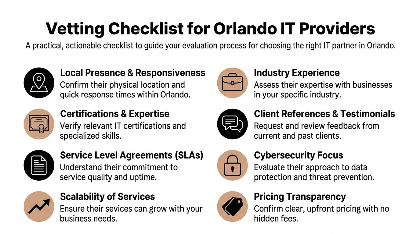 A checklist for businesses evaluating and selecting professional IT service providers located in Orlando, Florida.