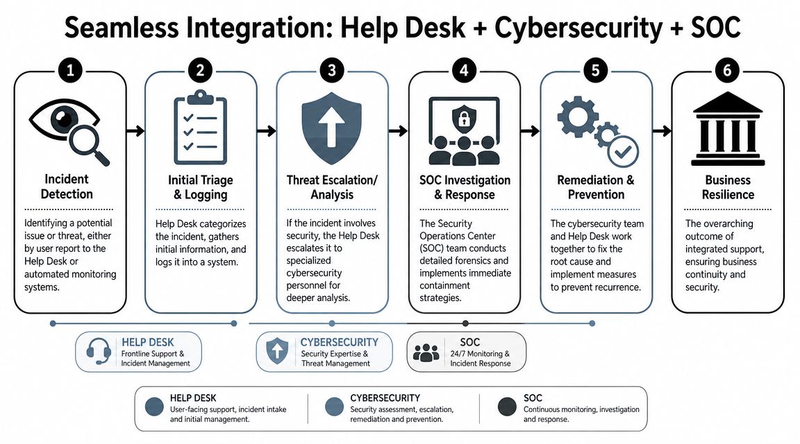 A diagram illustrating a six-step workflow integrating IT help desk services with cybersecurity and SOC operations.