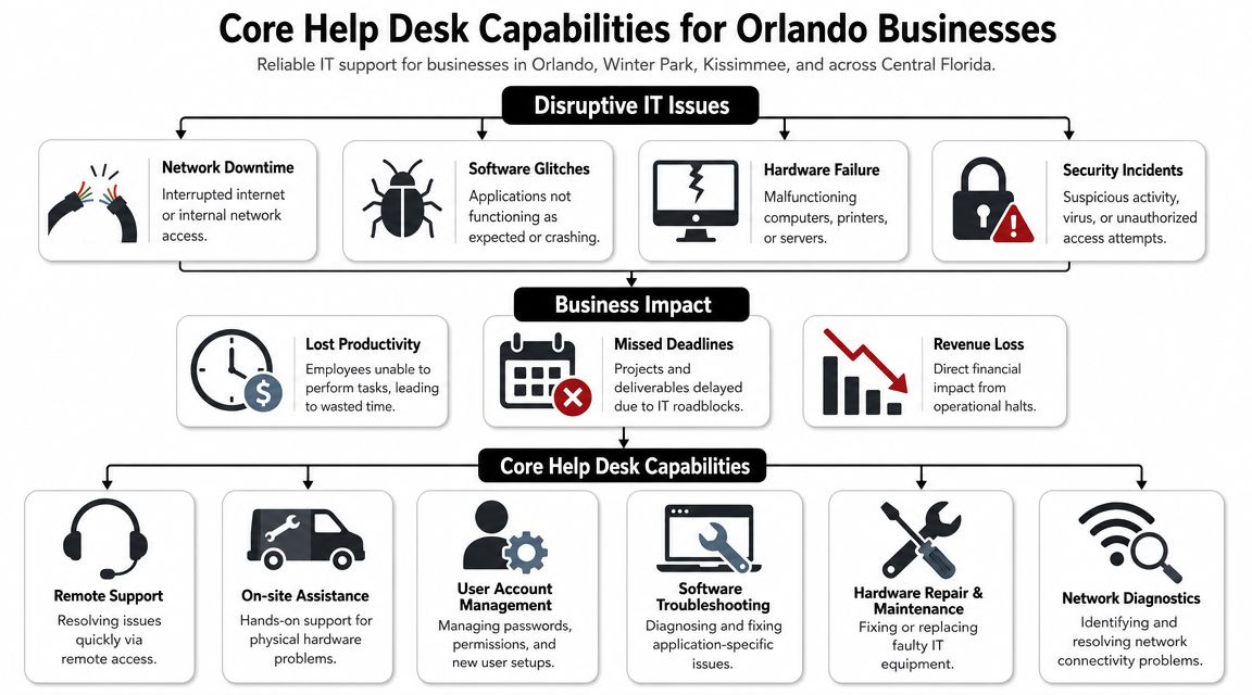 A flowchart detailing how Orlando IT help desk services resolve business technical issues and improve productivity.