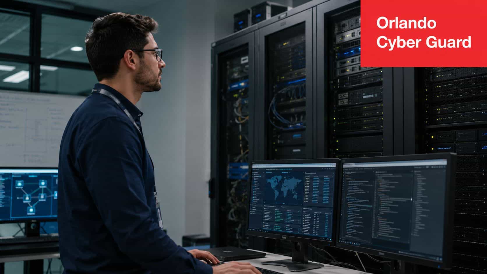 A professional IT specialist working on cyber security monitoring tasks in a modern server room environment.