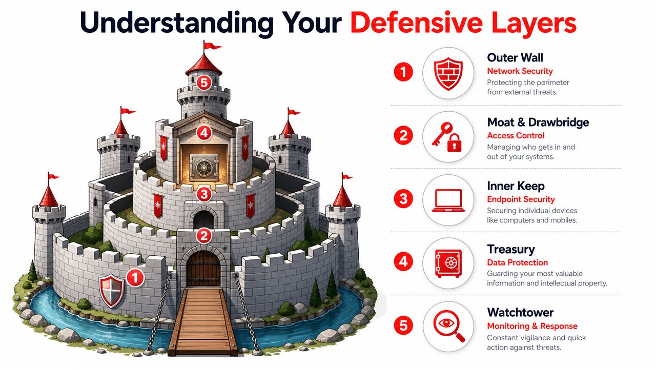 A diagram illustrating IT security strategy using a castle metaphor with five distinct defensive layers.