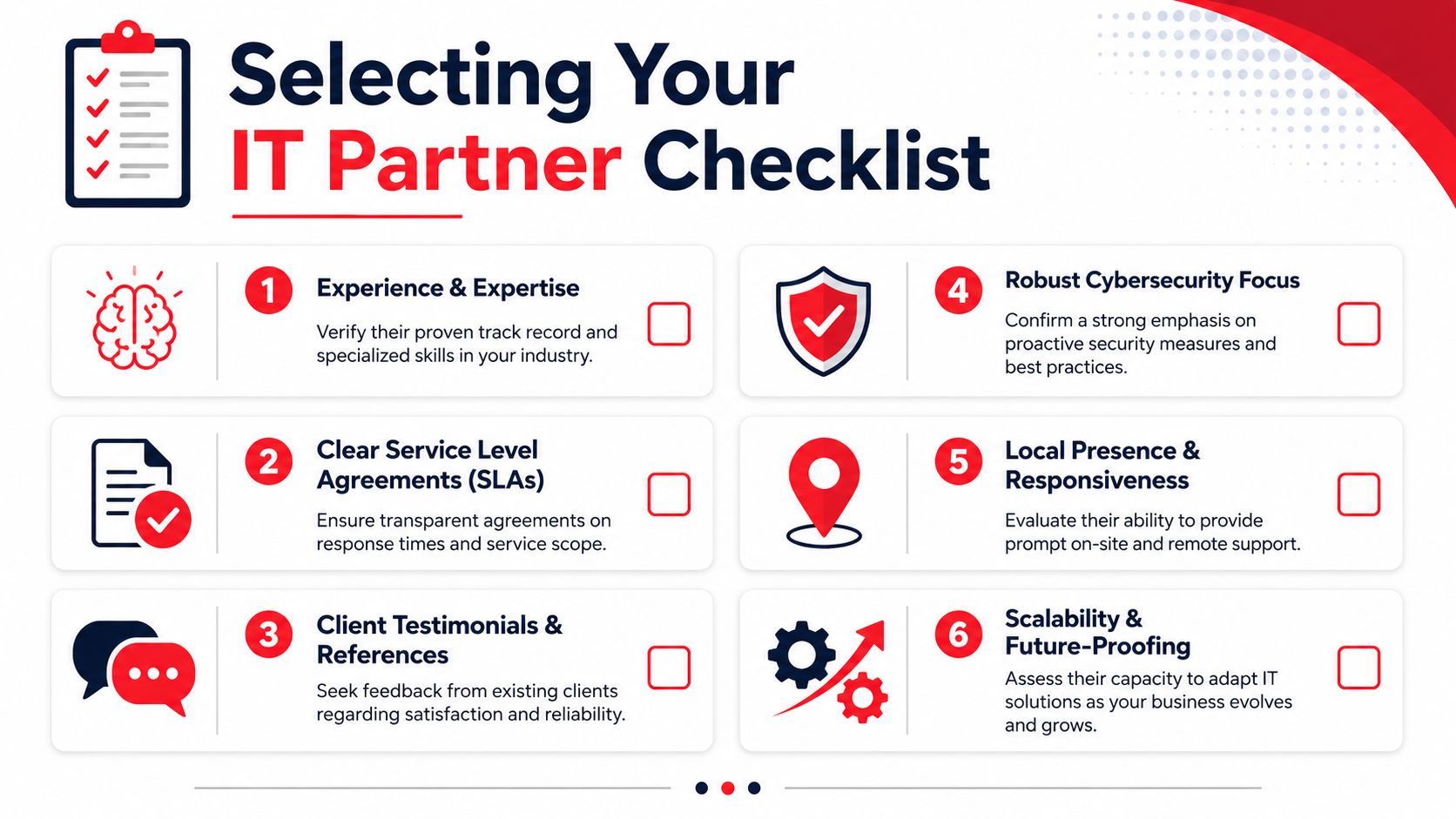 A checklist infographic illustrating six essential criteria to consider when selecting a reliable IT partner company.