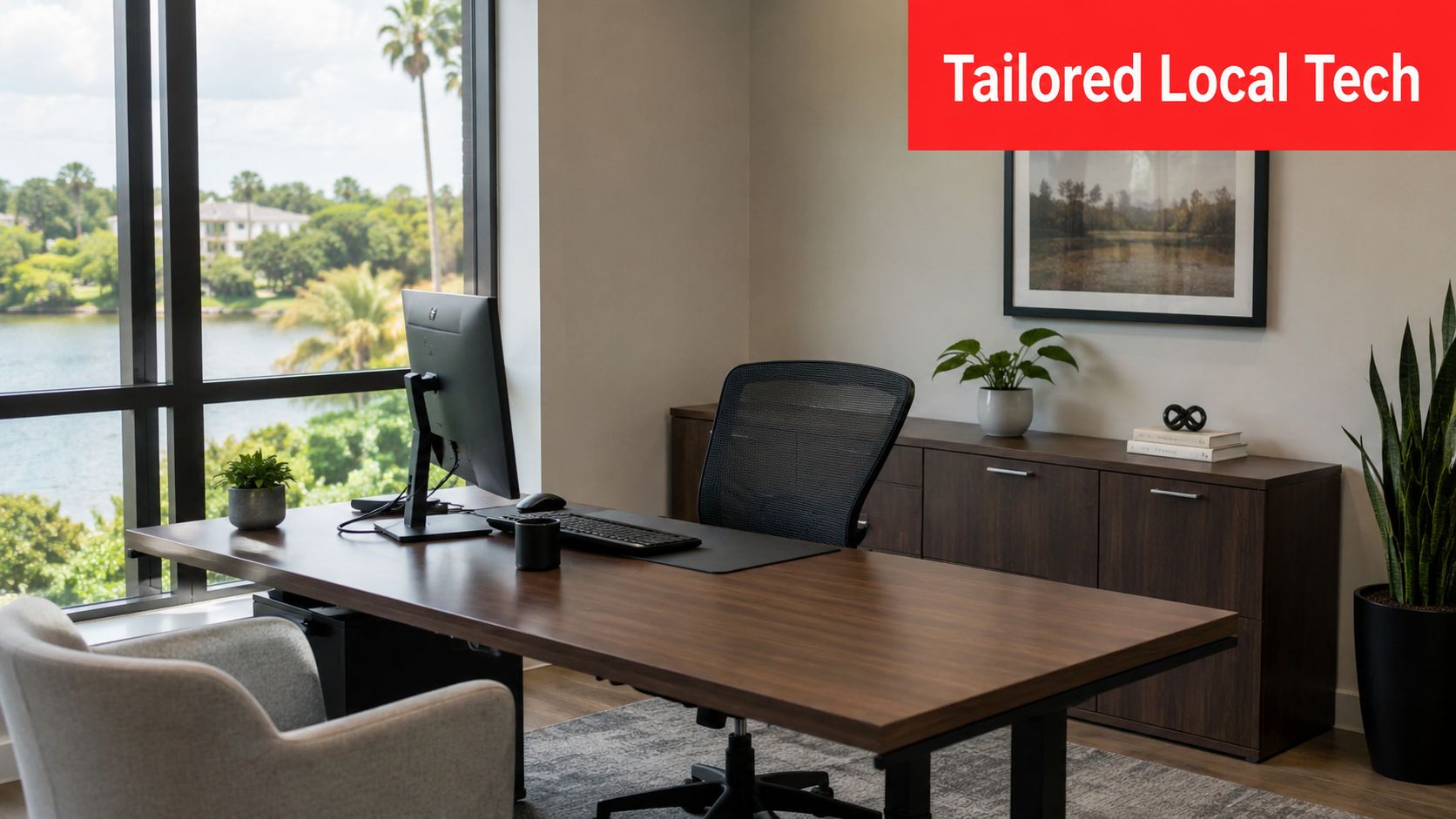 A modern, professional office workspace with a computer desk, ergonomic chair, and a view of lake scenery.