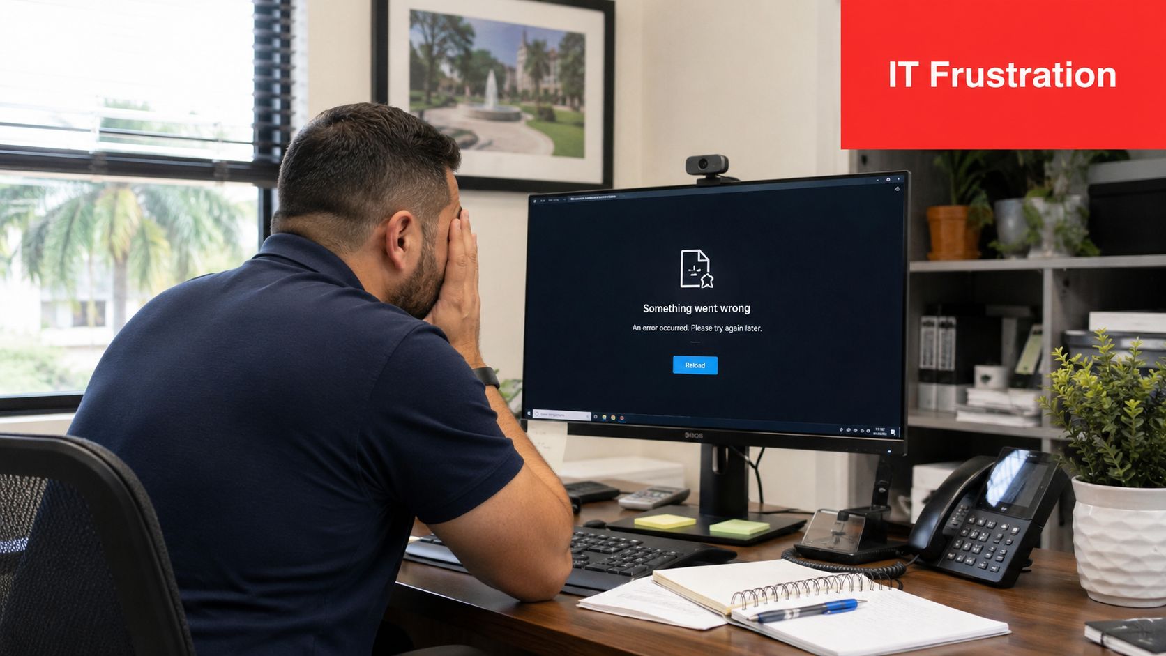 A frustrated office worker sitting at a desk with his hands on his face before a computer error.