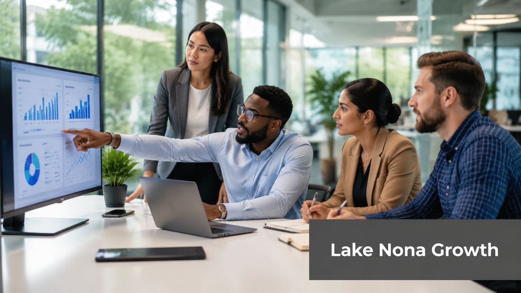 A professional team collaborates in an office, reviewing business growth data presented on a large monitor.