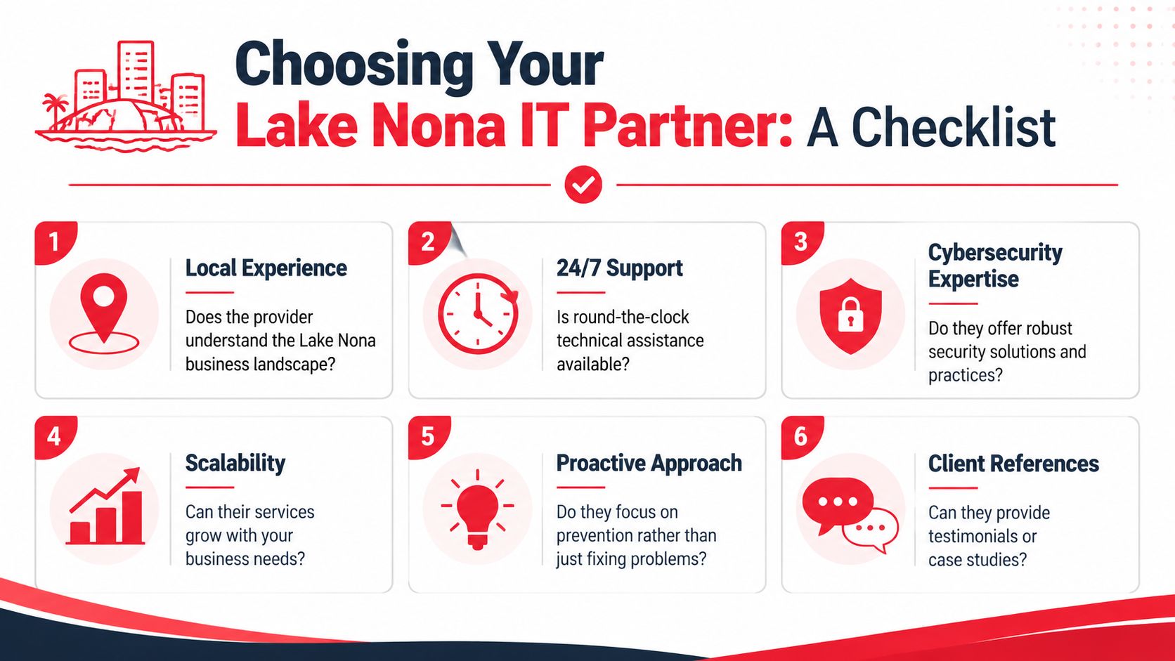 A checklist infographic outlining key factors for choosing an IT service provider in Lake Nona.