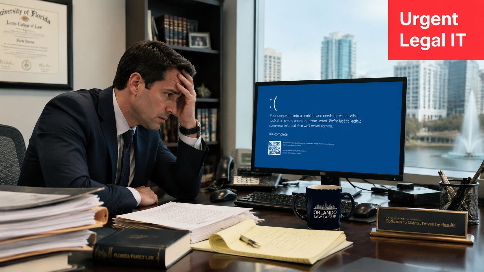 A stressed lawyer at his desk sitting in front of a computer showing a blue screen error.