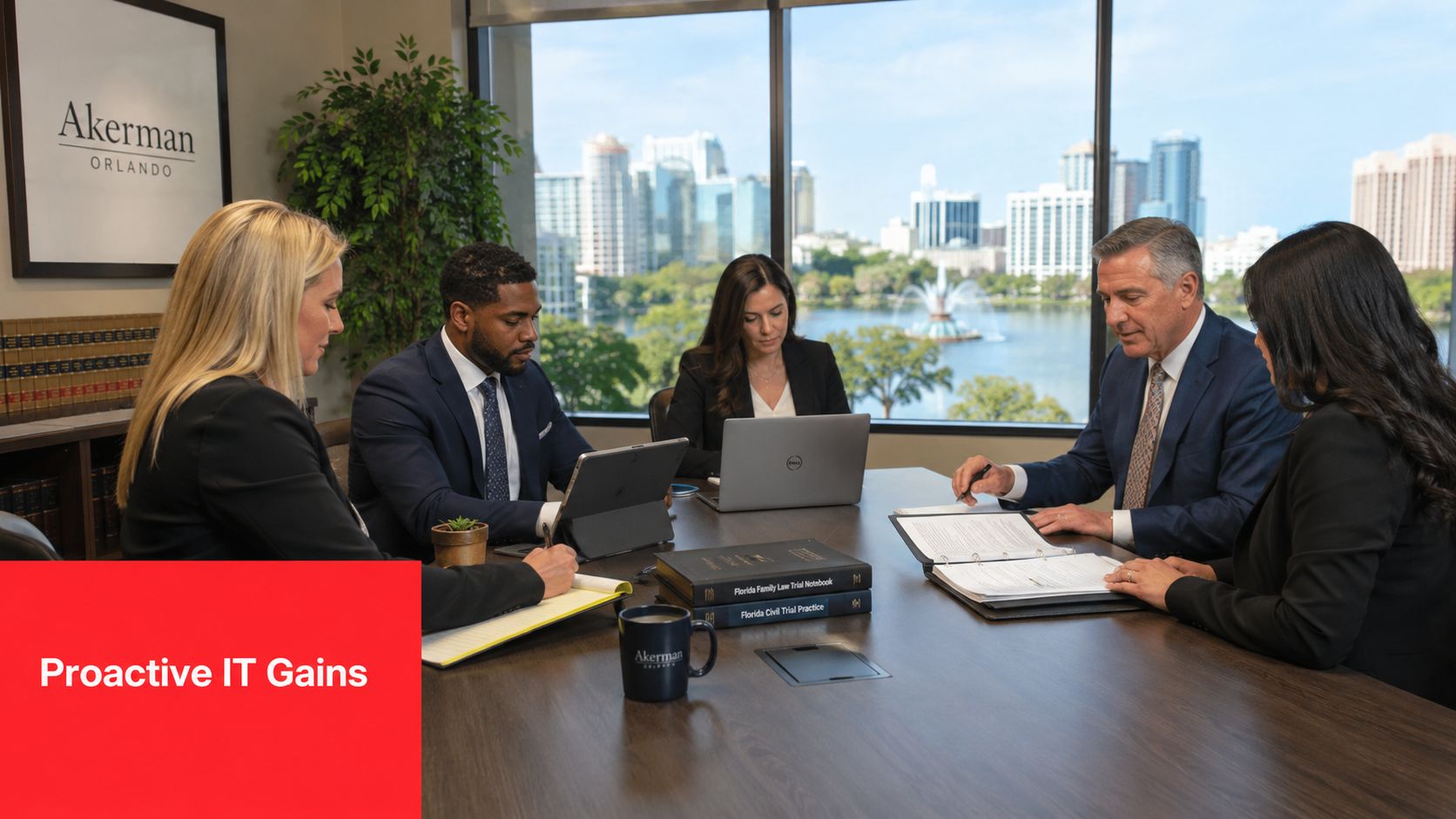 A professional team of lawyers working together in a modern office overlooking the Orlando city skyline.