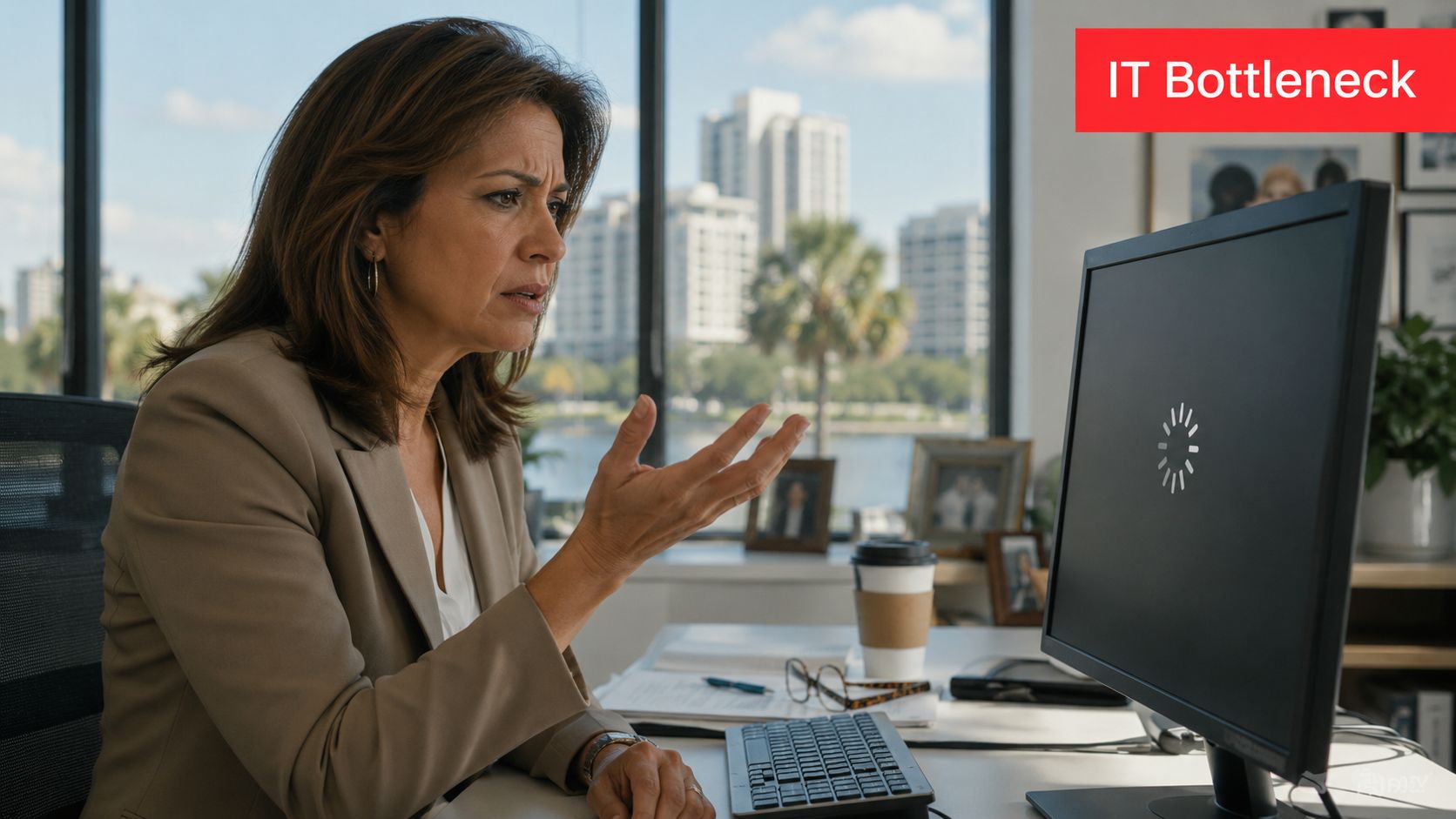 A professional woman in an office looks frustrated while waiting for a loading icon on her computer screen.