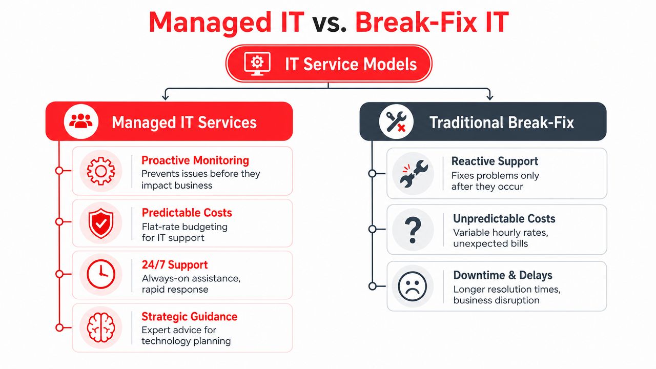 A comparison chart outlining the key differences between proactive Managed IT Services and reactive Traditional Break-Fix IT models.