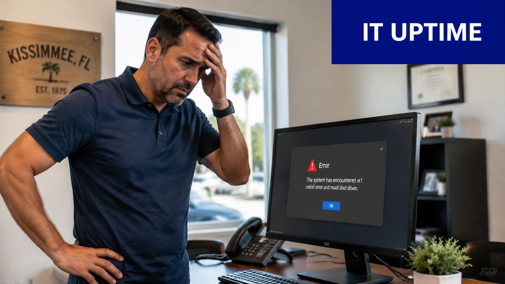A frustrated man looking at a computer screen displaying a system error message in an office.