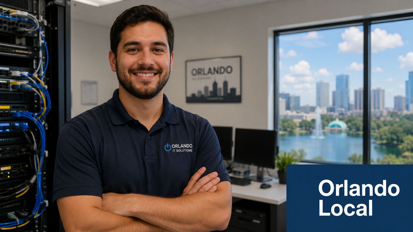 A professional IT technician smiling in an office with a network server rack and Orlando skyline view.